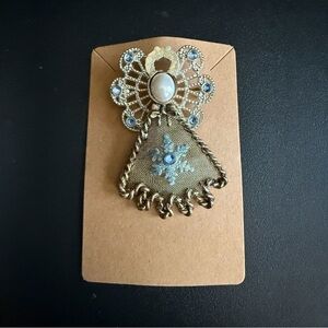 Vintage Silver-Tone Angel Brooch with Mesh & Blue Rhinestones